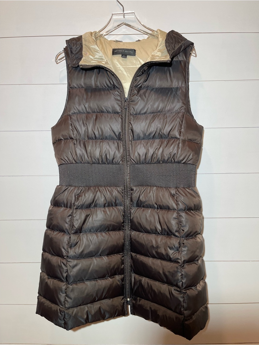 Antonio Melani Brown Quilted Down Filled Long Hooded Puffer Vest Womens Size Lg